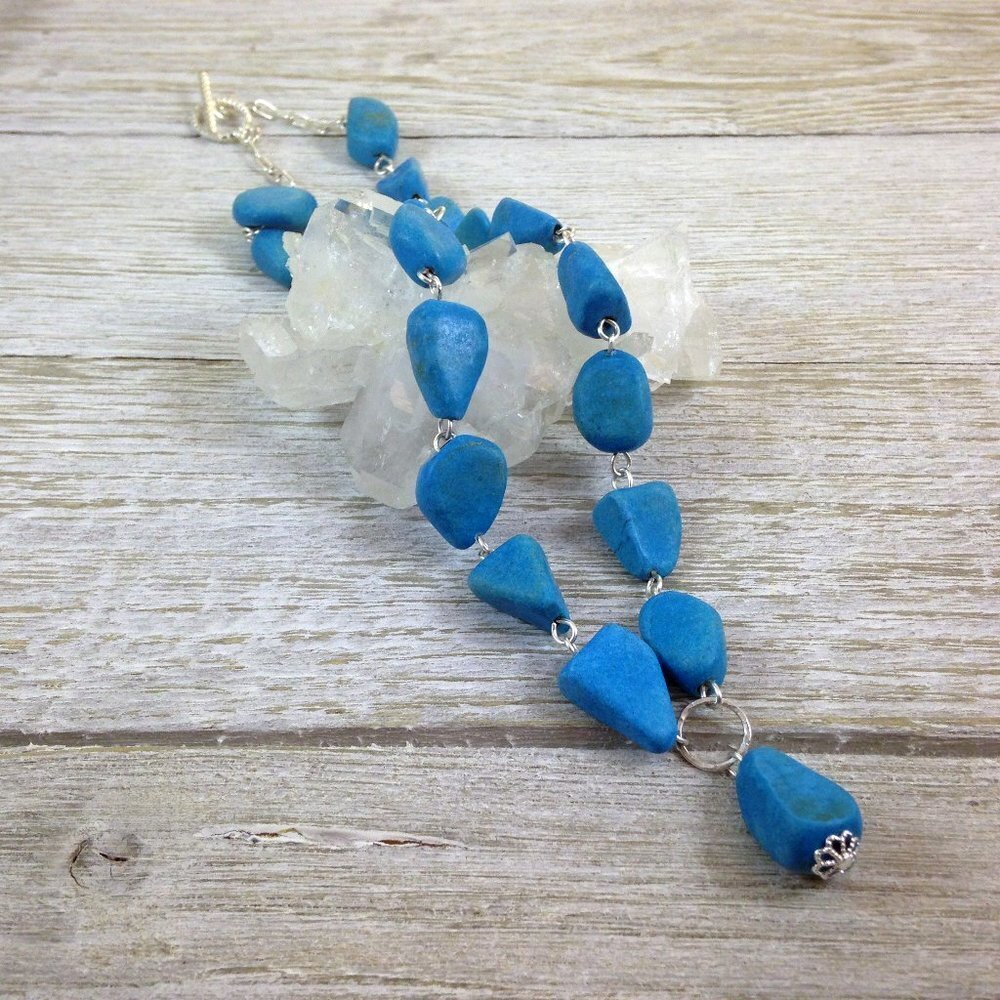 Blue Stone & Silver Necklace, Real Stone, Handmade, Hammered Silver​​​​